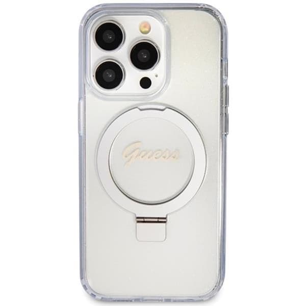 Guess Mobilskal till iPhone 15 Pro Magsafe Ringställ Script Glitter Transparent