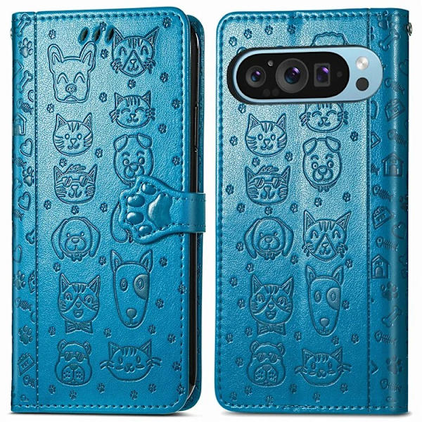 Google Pixel 10/10 Pro Plånboksfodral Cat Dog Pattern - Blå Blå