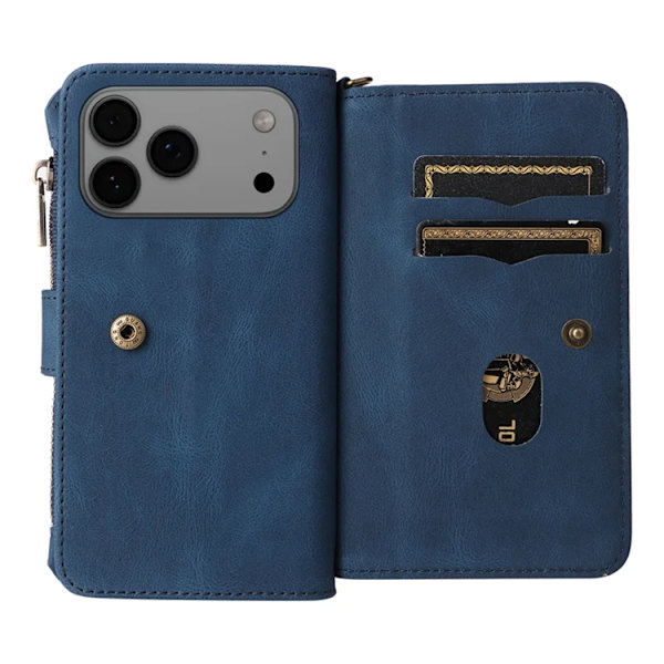 iPhone 17 Pro Konstläder Plånboksfodral Zipper Rem Blå