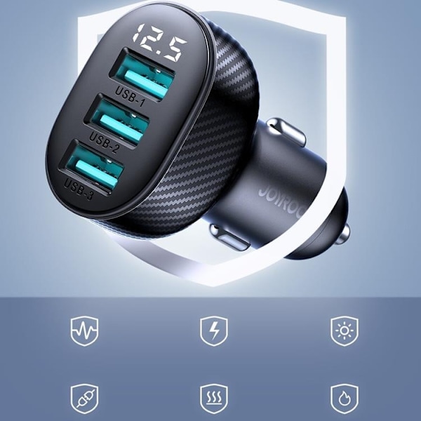 Joyroom Billaddare 3.4A 3x USB-A med Display - Svart Svart