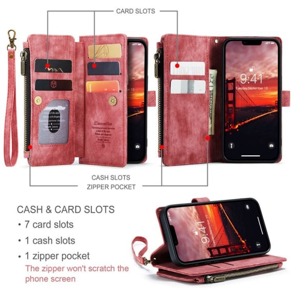 CASEME iPhone 15 Plus -lompakkokotelo C30 vetoketju - punainen