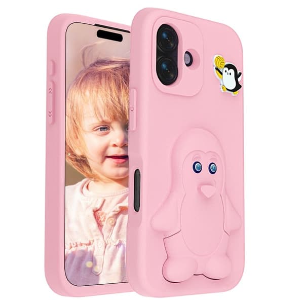 Penguin för Mobilskal till iPhone 16 Kickstand Stöttålig EVA - Rosa
