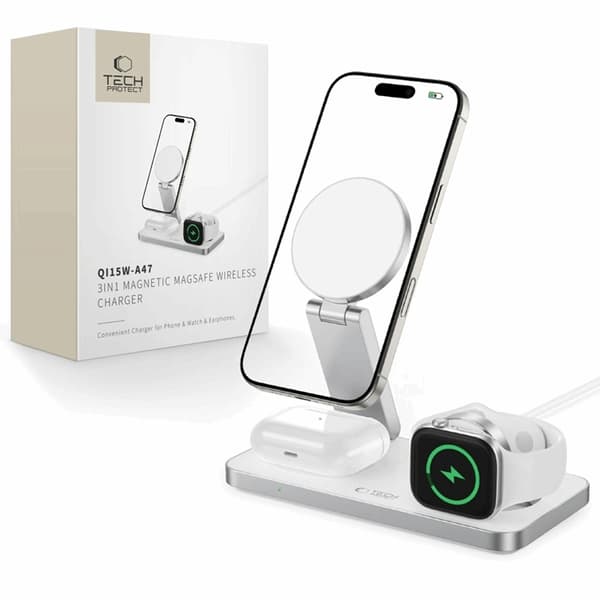 3-i-1 Magsafe trådløs oplader til iPhone Apple Watch AirPods Qi 15W Vit