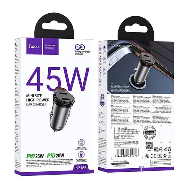 HOCO Biloplader 2x USB-C 45W PD QC 3.0 NZ16B - Metal Grå Grå