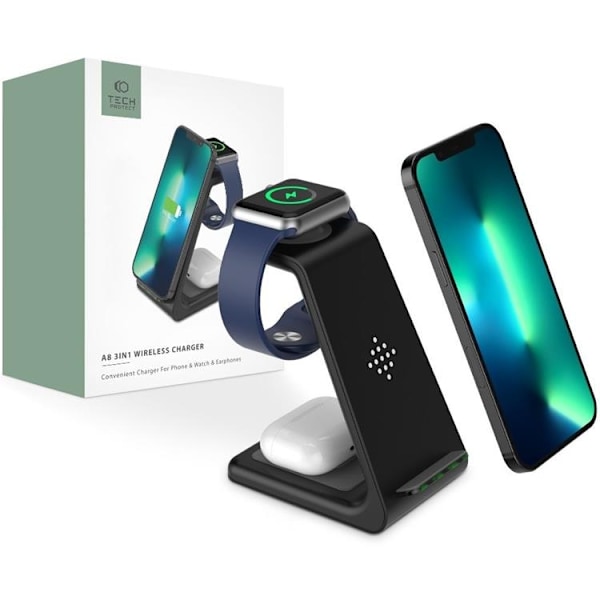 Tech-Protect 3-in-1 Trådlös laddare iPhone, Apple Watch, AirPods A8 - Svart