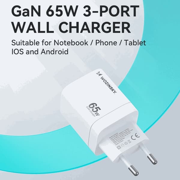 Wozinsky Väggladdare CGWCW 65W USB-A/2 x USB-C GaN - Vit Vit