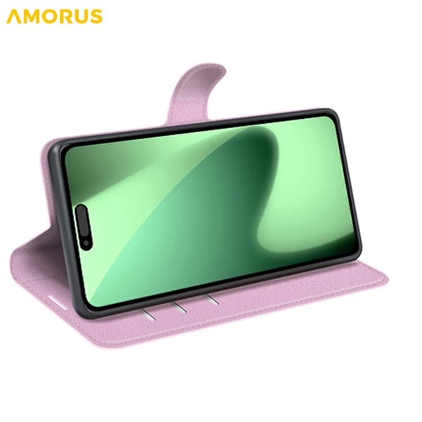 AMORUS iPhone 17 Pro Konstläder Plånboksfodral Flipstativ Litchi - Rosa Rosa