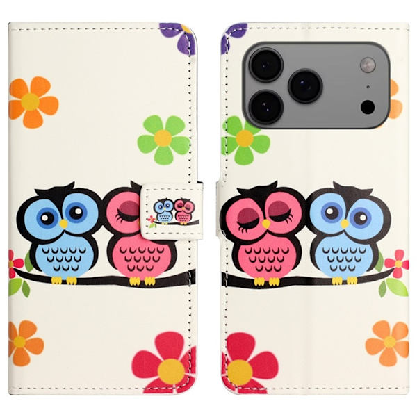 iPhone 17 Pro Plånboksfodral Pattern Print Konstläder - Par ugglor Vit