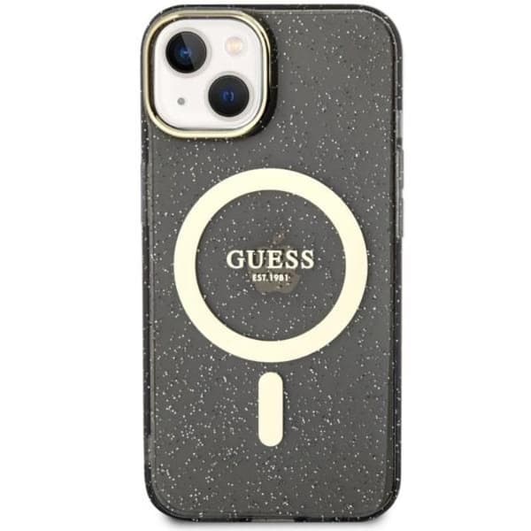 Guess iPhone 14 Mobilskal MagSafe Glitter Guld - Sort Black