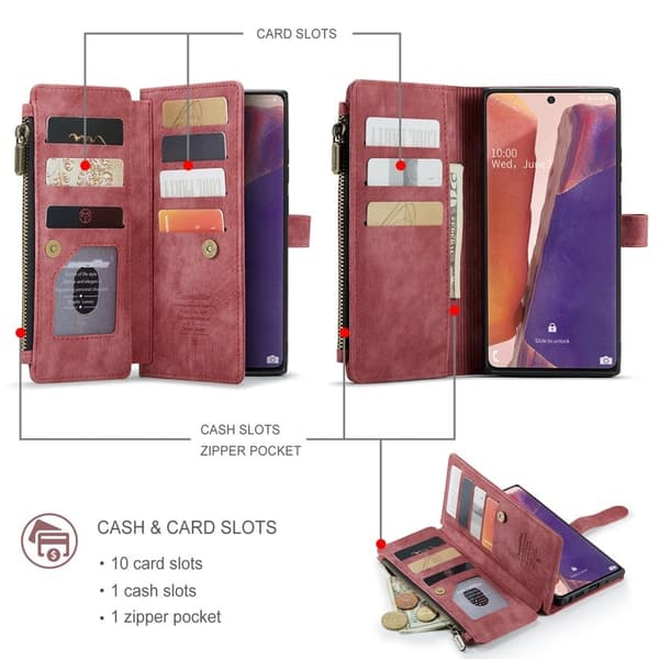 CASEME Konstläder Plånboksfodral för Samsung Galaxy Note20 - Röd