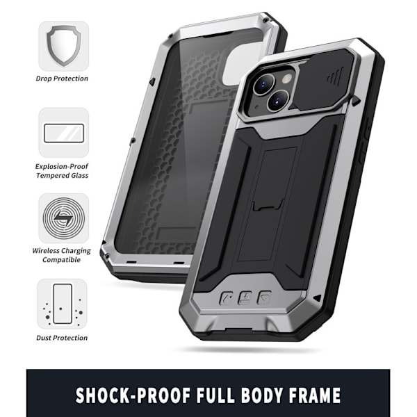 R-JUST Mobilskal till iPhone 13 Shockproof PC + Silikon + Metall Silver