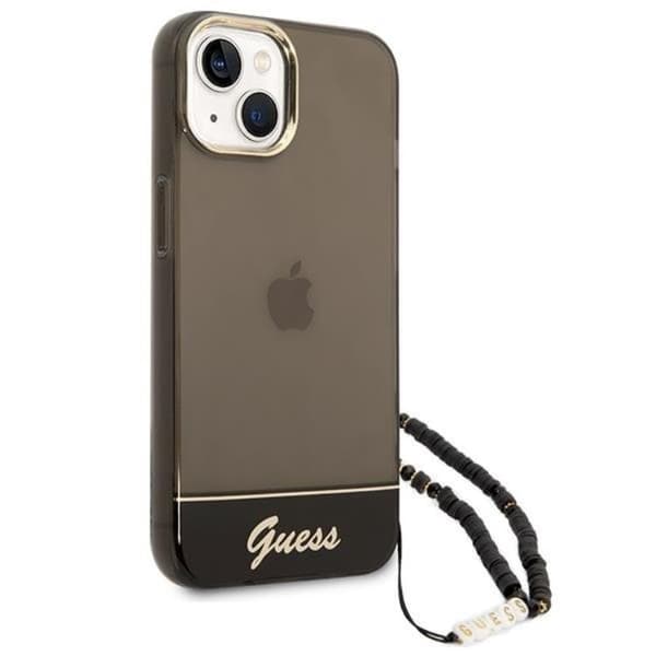 GUESS iPhone 14 Plus Skal Translucent Pearl Strap - Sort Black