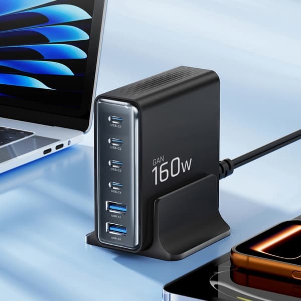 Tech-Protect 6-Port Desktop Oplader 160W QC3.0 DC160W-GAN - Sort Svart