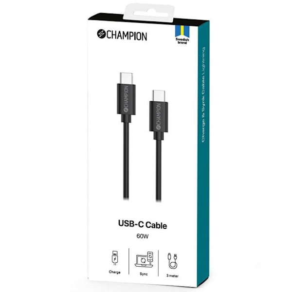 CHAMPION USB-C till USB-C kabel 60W 1m - Svart Svart