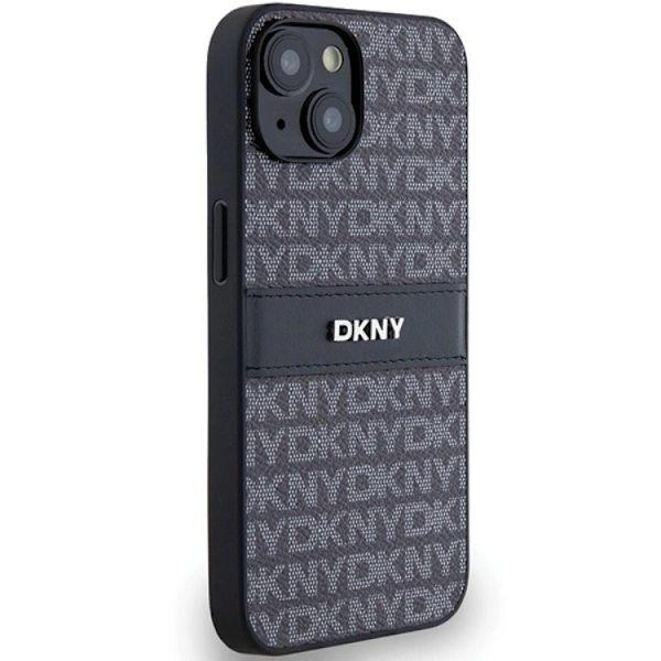 DKNY iPhone 15/14 Plus Mobilskal Läder Mono Stripe & Metal Logo Svart