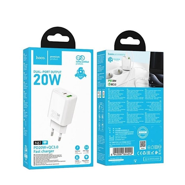 Hoco Hurtigoplader 20W 1xUSB-A 1xUSB-C PD QC3.0 3A N61 - Hvid Vit
