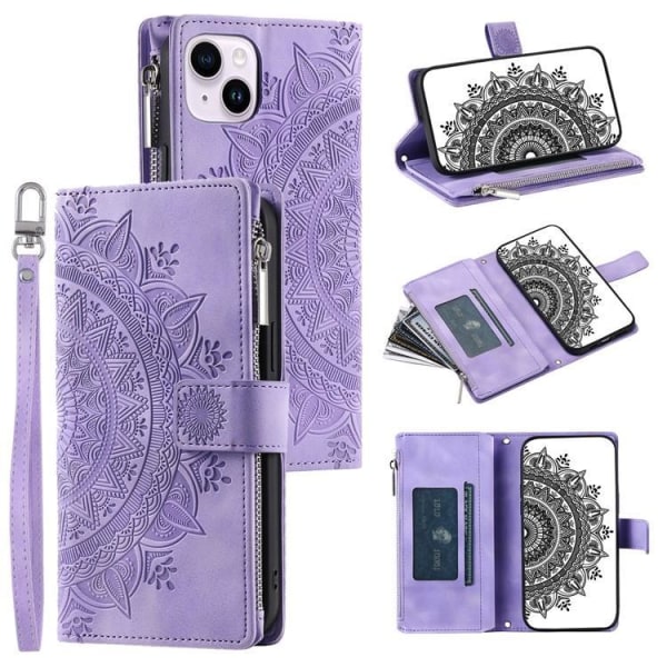 iPhone 15 Plus -lompakkokotelo Mandala-kukkapainotettu - violetti