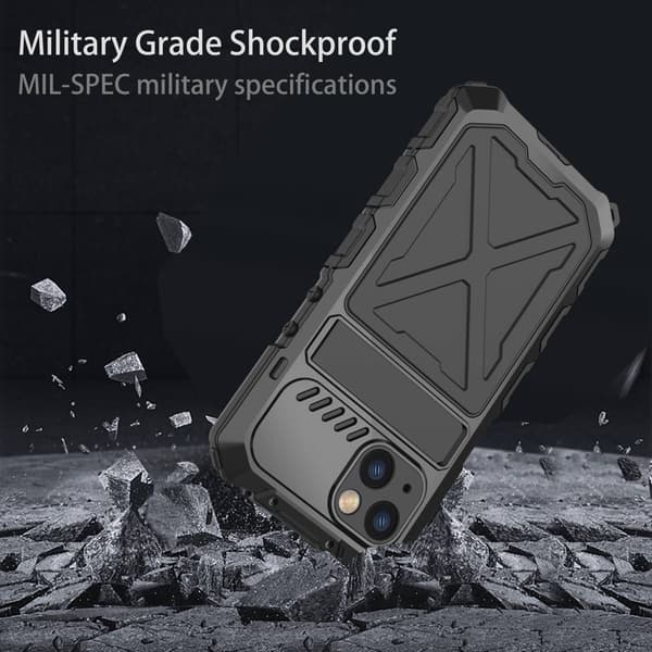 R-JUST Mobilskal till iPhone 14 Kickstand Silikon + Metall Svart