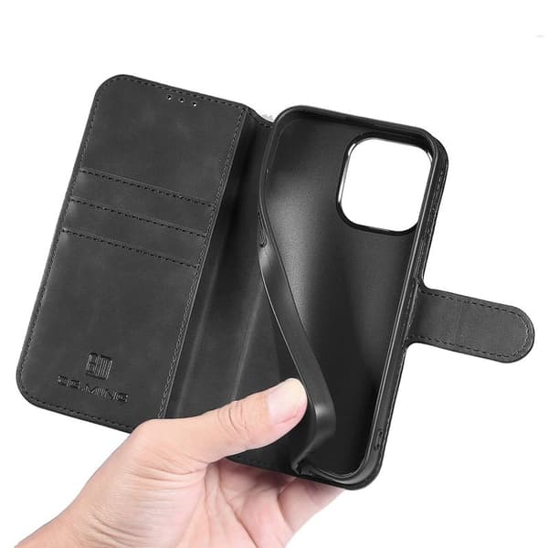 DG.MING iPhone 14 Pro Max Konstläder Plånboksfodral Retro Stil Magnetisk Svart