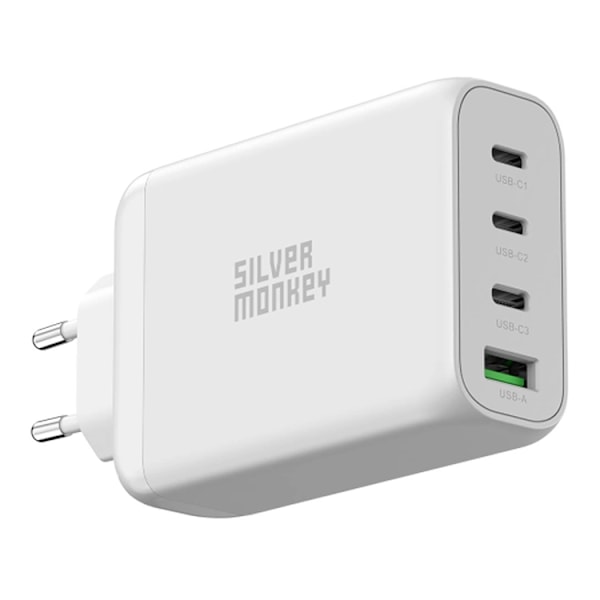 Silver Monkey GaN 130W Väggladdare 3x USB-C PD 1x USB-A 3.0 QC