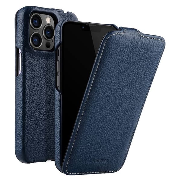MELKCO Mobilskal till iPhone 14 Pro Litchi Textur Äkta Läder + PC - Blå