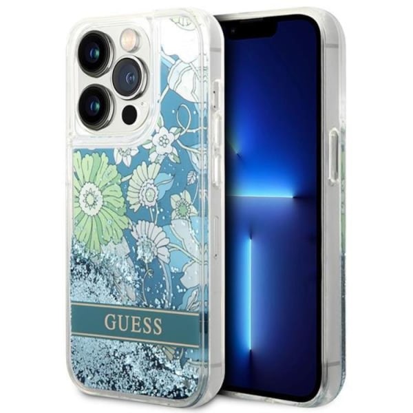 GUESS iPhone 14 Pro Case Flower Liquid Glitter - vihreä