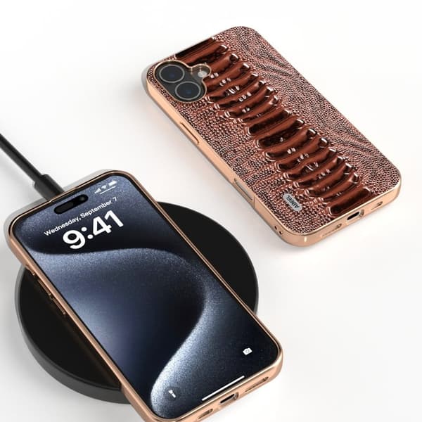 ABEEL Mobilskal till iPhone 16 Electroplaterad Äkta Läder Brun