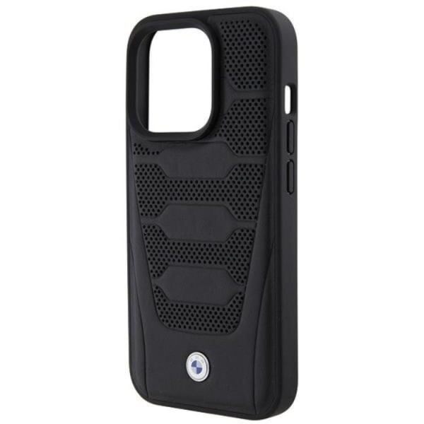 BMW iPhone 15 Pro -mobiilisuojan nahkaistuinten kuvio - musta