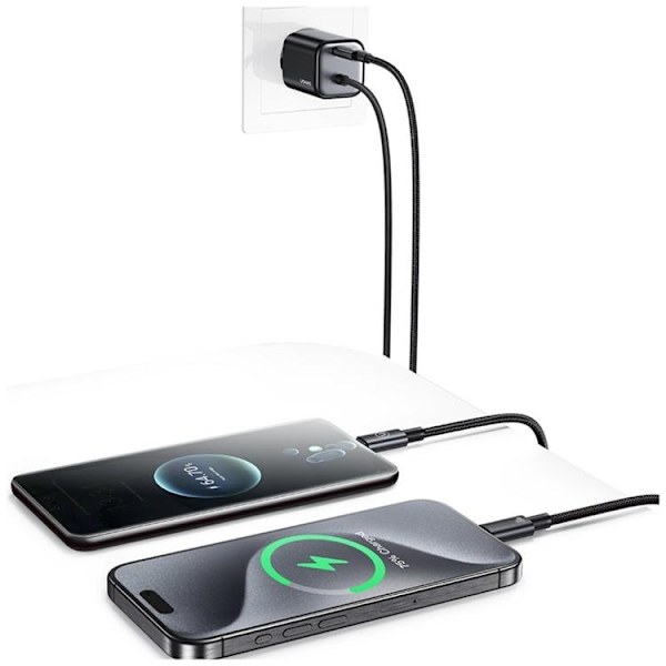 USAMS Hurtigoplader 30W 2xUSB-C GaN Mini JC - Sort Svart