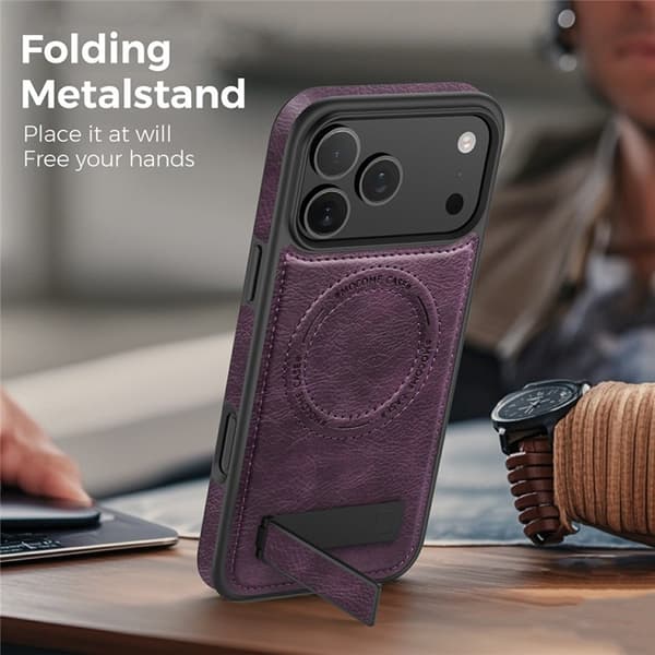 Mobilskal till iPhone 17 Pro Max MagSafe Kickstand Läder - Lila Lila