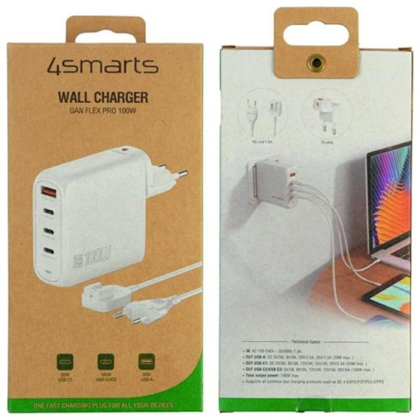 4smarts Snabbladdare 100W 3xUSB-C 1xUSB-A Flex Pro - Vit Vit