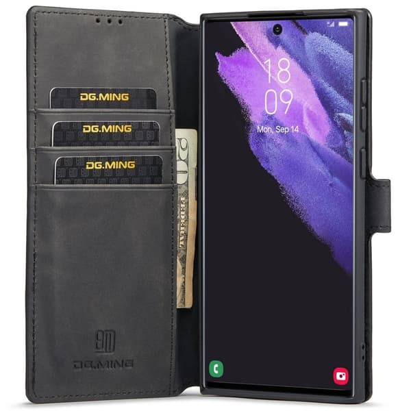 DG.MING Retro KonstLäder Plånboksfodral Samsung Galaxy S22 Ultra - Black
