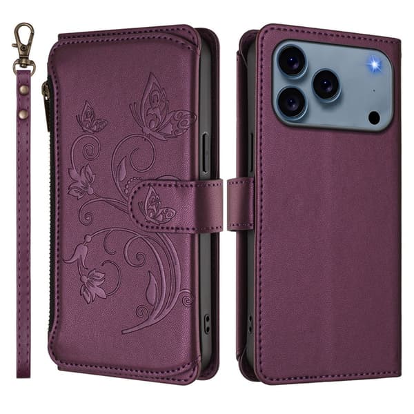 iPhone 17 Pro Plånboksfodral Butterfly Floral Imprint - Lila Lila