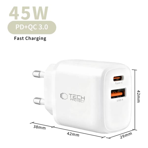 Tech-Protect 2-Port hurtigoplader 45W QC3.0 NCA45W-GAN med kabel Vit