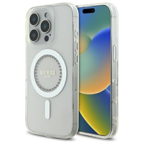 Guess Mobilskal till iPhone 16 Pro MagSafe IML Rhinestones - Vit Vit