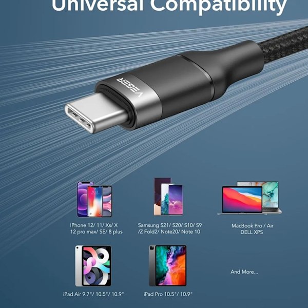 Veger USB-C til USB-C Kabel 1.5m 2.4A - Sort Svart