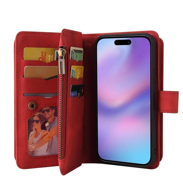 iPhone 17 Konstläder Plånboksfodral Zipper Rem Röd