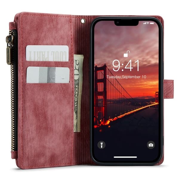 CASEME C30 Plånboksfodral för iPhone 15 Plus med Rem Röd Konstläder