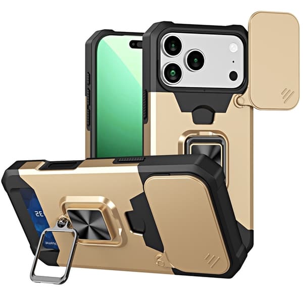 Mobilskal till iPhone 17 Pro Max Slide Lens Lid med Kortfack - Guld Guld