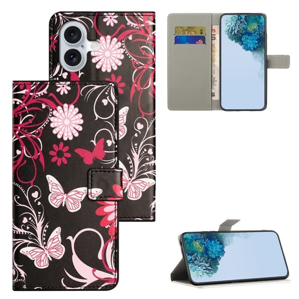 iPhone 17 Konstläder Plånboksfodral Pattern Print - Svart Fjäril Svart