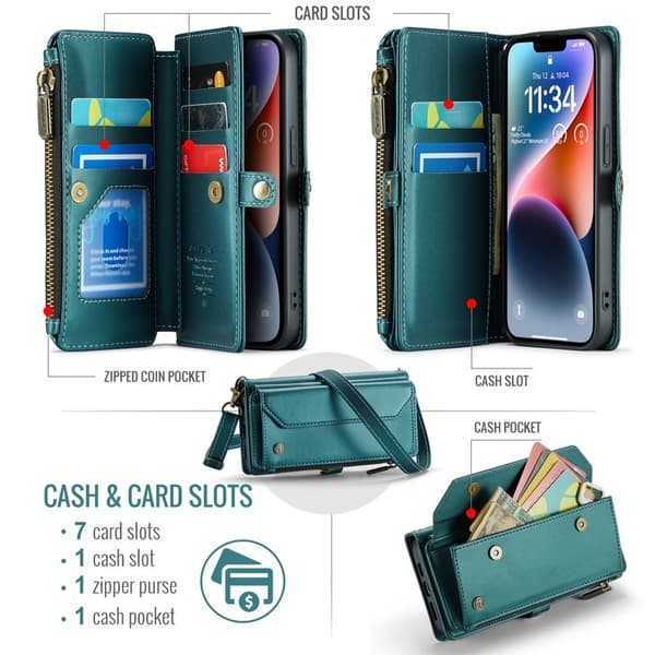 CASEME Plånboksfodral Konstläder för iPhone 14 med kortfack - Grön