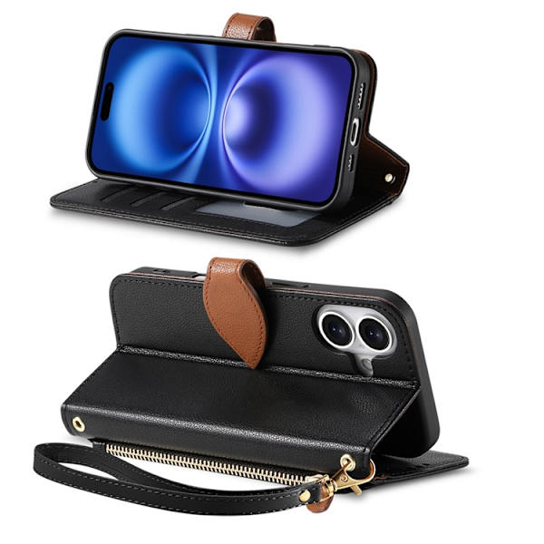 iPhone 17 Plånboksfodral Leaf Magnetiskt Spänne Konstläder Svart