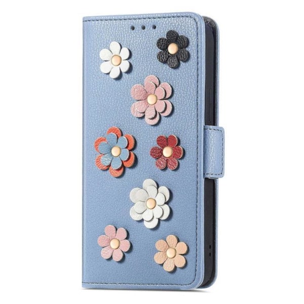 iPhone 14 Plus -lompakkokotelo Flower Decor Magneettinen - sininen