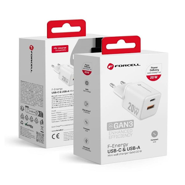 Forcell Mini Hurtigoplader 20W USB-C/USB-A GaN III QC4.0 PD Vit