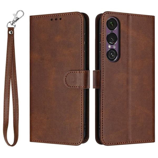 Sony Xperia 1 VII Konstläder Plånboksfodral Calf Texture Med Rem - Brun Brun