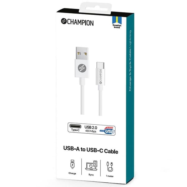 CHAMPION USB-C til USB-A Kabel 1m - Hvid Vit