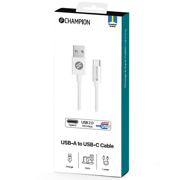 CHAMPION USB-C till USB-A kabel 1m - Vit Vit