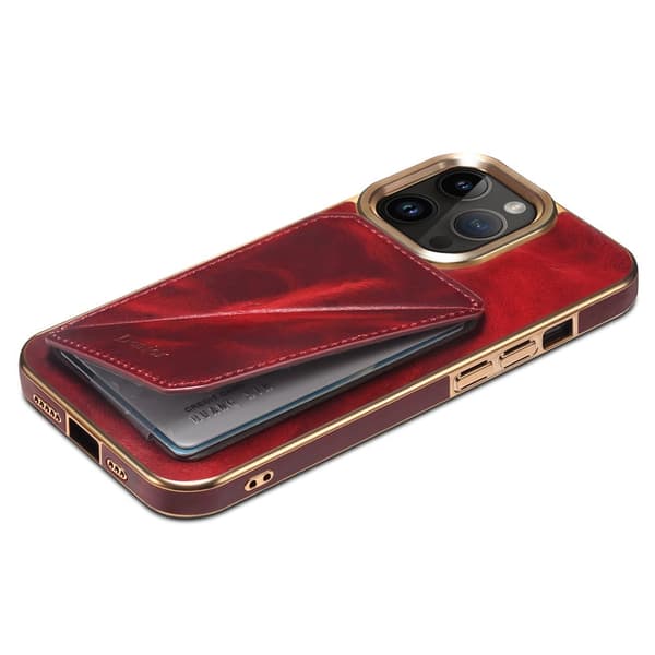 DENIOR iPhone 12 Pro Max Plånboksfodral Kortplats Ställ Waxy Äkta Läder Röd