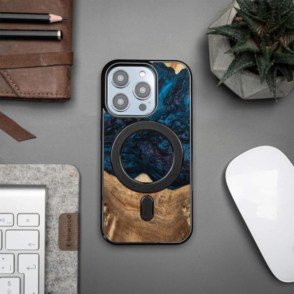 Bewood iPhone 14 Pro MagSafe Mobile Kotelo Puuhartsi - Sininen/musta