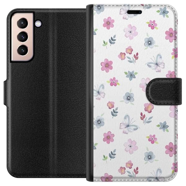 Pung Taske til Samsung Galaxy S21 med blomster og sommerfugle